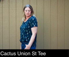 Union St Tee sewn by foxthreads in double brushed poly with green cacti print on black background.