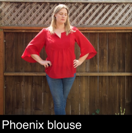 Foxthreads wearing her Phoenix Blouse sewn in red cotton lawn featuring dramatic bell sleeves.