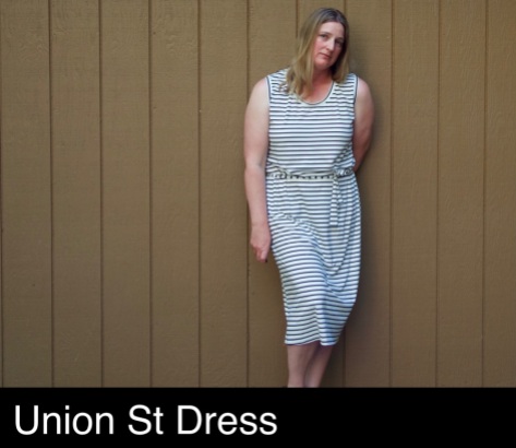 Black and white striped sleeveless Union Street Tee dress with belt tie.