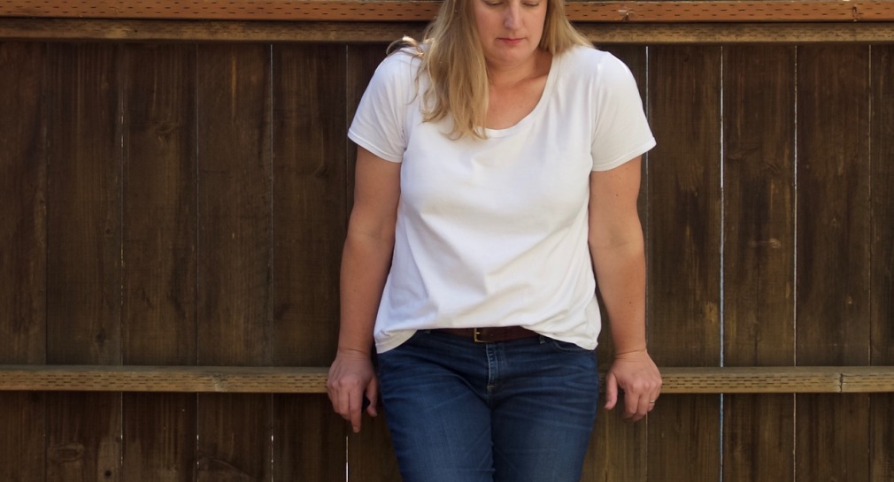 White Union Street tee worn with jeans, sewn by Foxthreads.