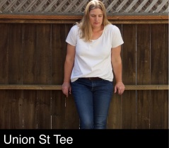 White Union Street tee worn with jeans, sewn by Foxthreads.
